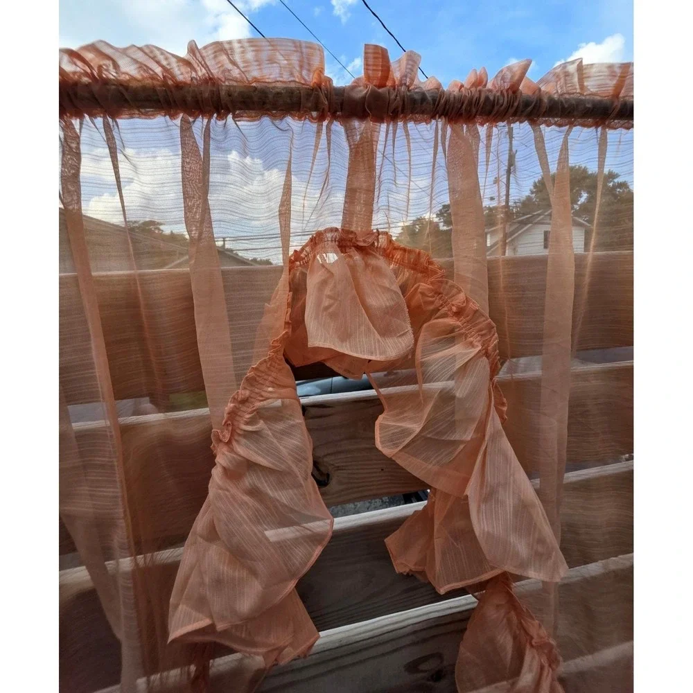 Vintage Ruffled Sheer Curtain Panels Tiered Peach Coral 43x63 Cottagecore